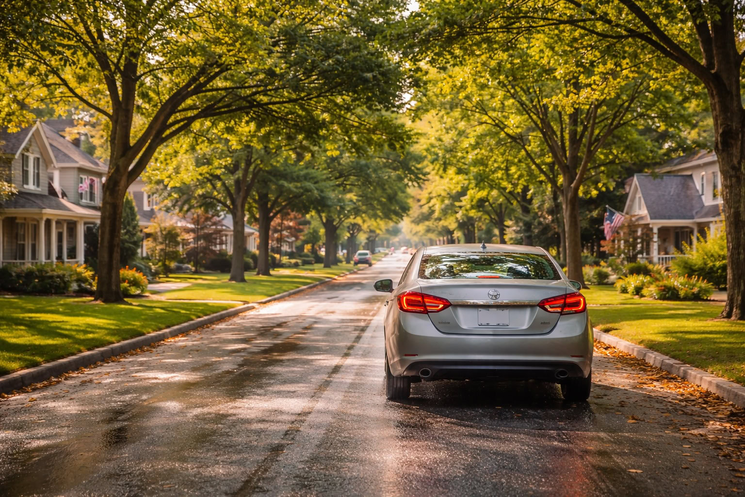 Car driving on a suburban Michigan neighborhood street representing everyday auto insurance coverage and driver safety