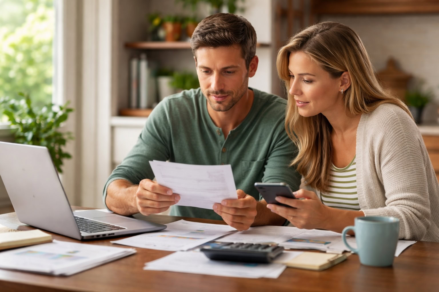 Michigan couple reviewing household bills and financial documents at kitchen table