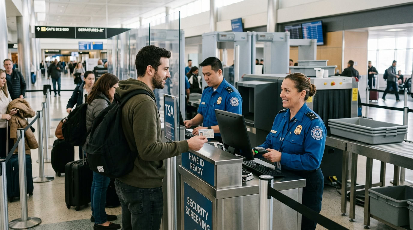 Traveler presenting identification at airport security checkpoint for REAL ID verification