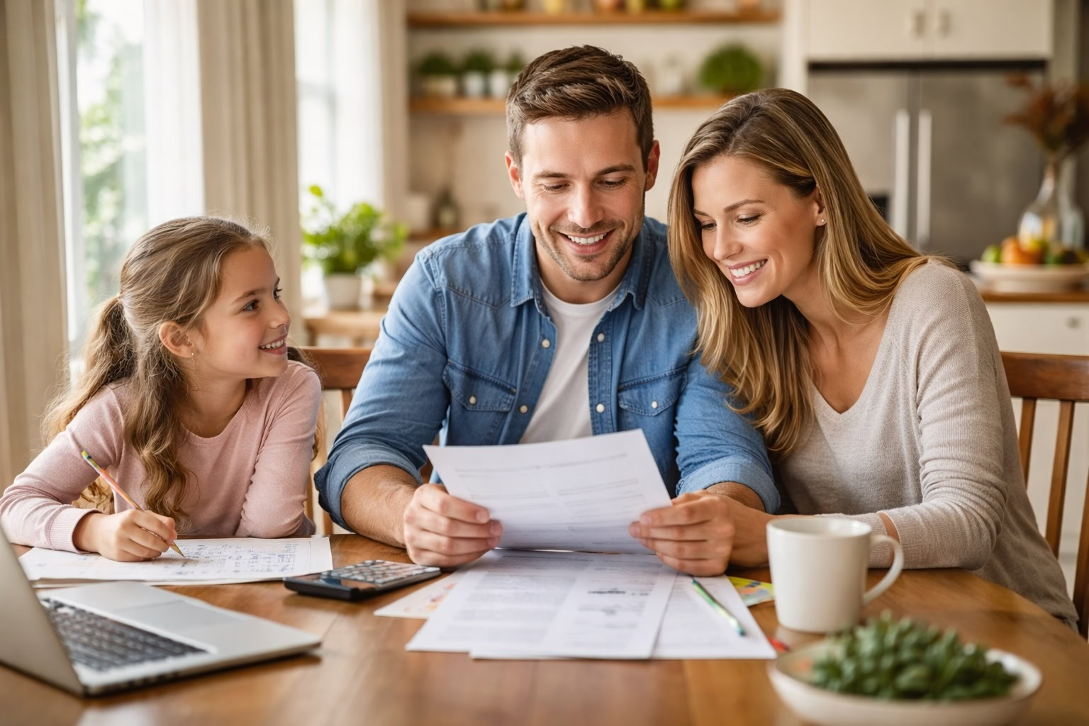 Michigan family reviewing financial documents and insurance plans at home