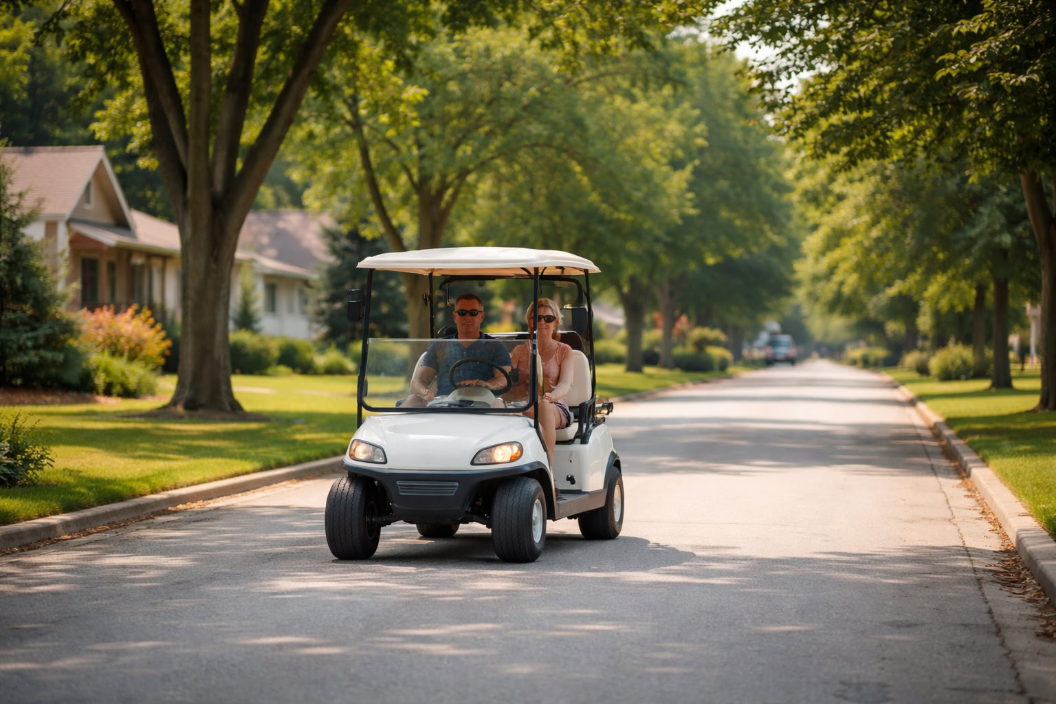Golf cart driving on a residential street in a Michigan neighborhood