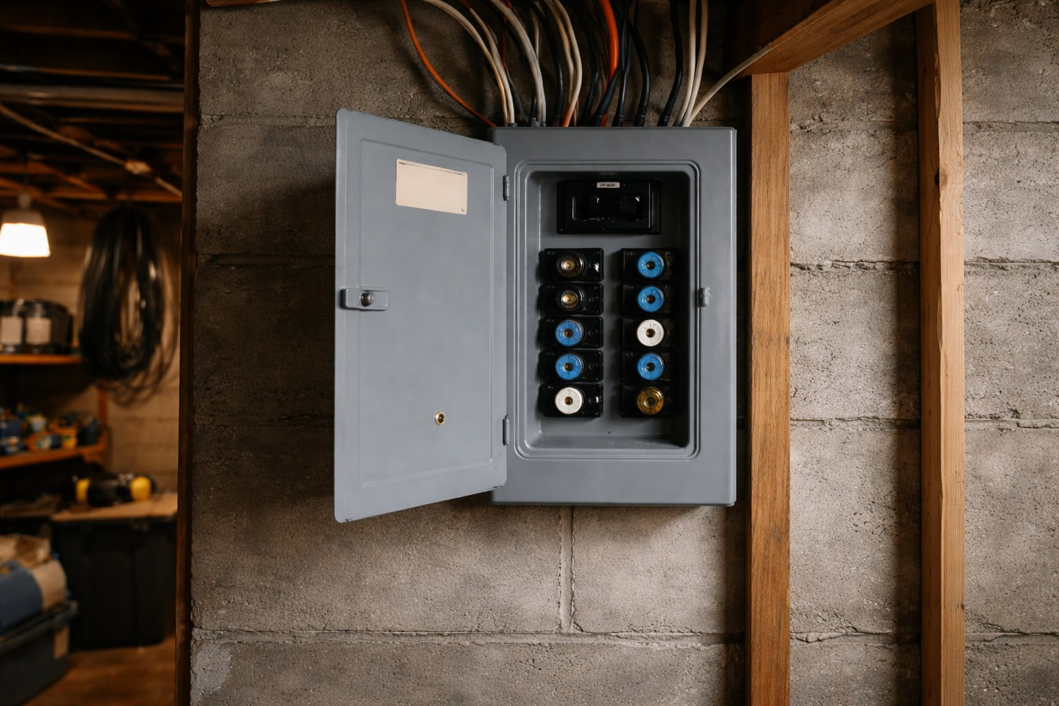 Older fuse box mounted on a basement wall in a Michigan home showing outdated electrical panel system