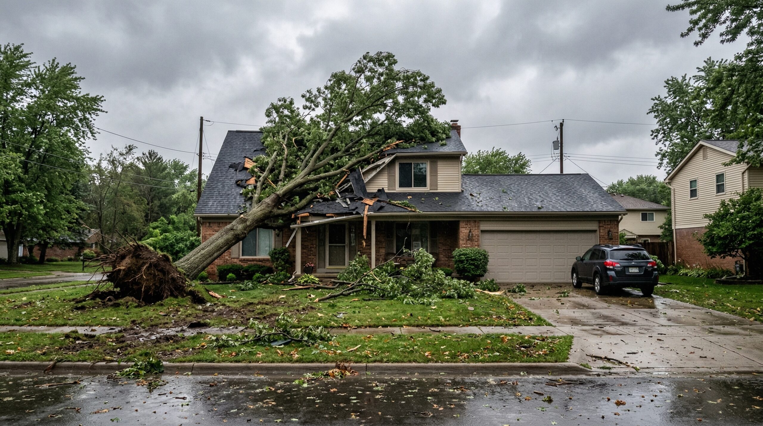Large tree fallen onto a Michigan home after a storm causing roof damage and debris in yard