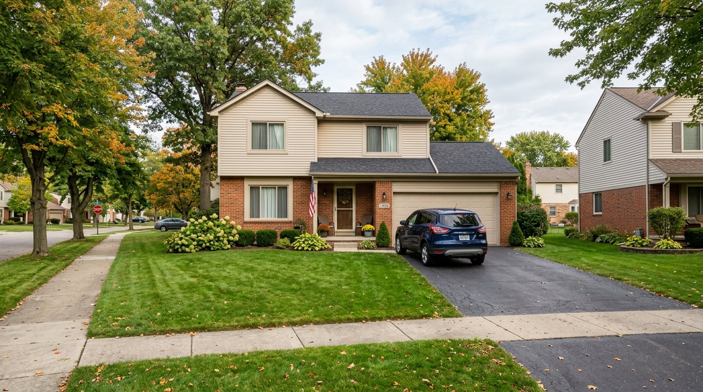 Suburban Michigan home with car in driveway representing homeowners and auto insurance coverage