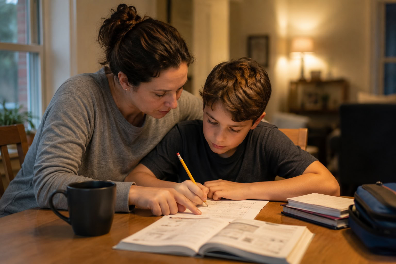 A parent helping child with homework at kitchen table during evening family routine