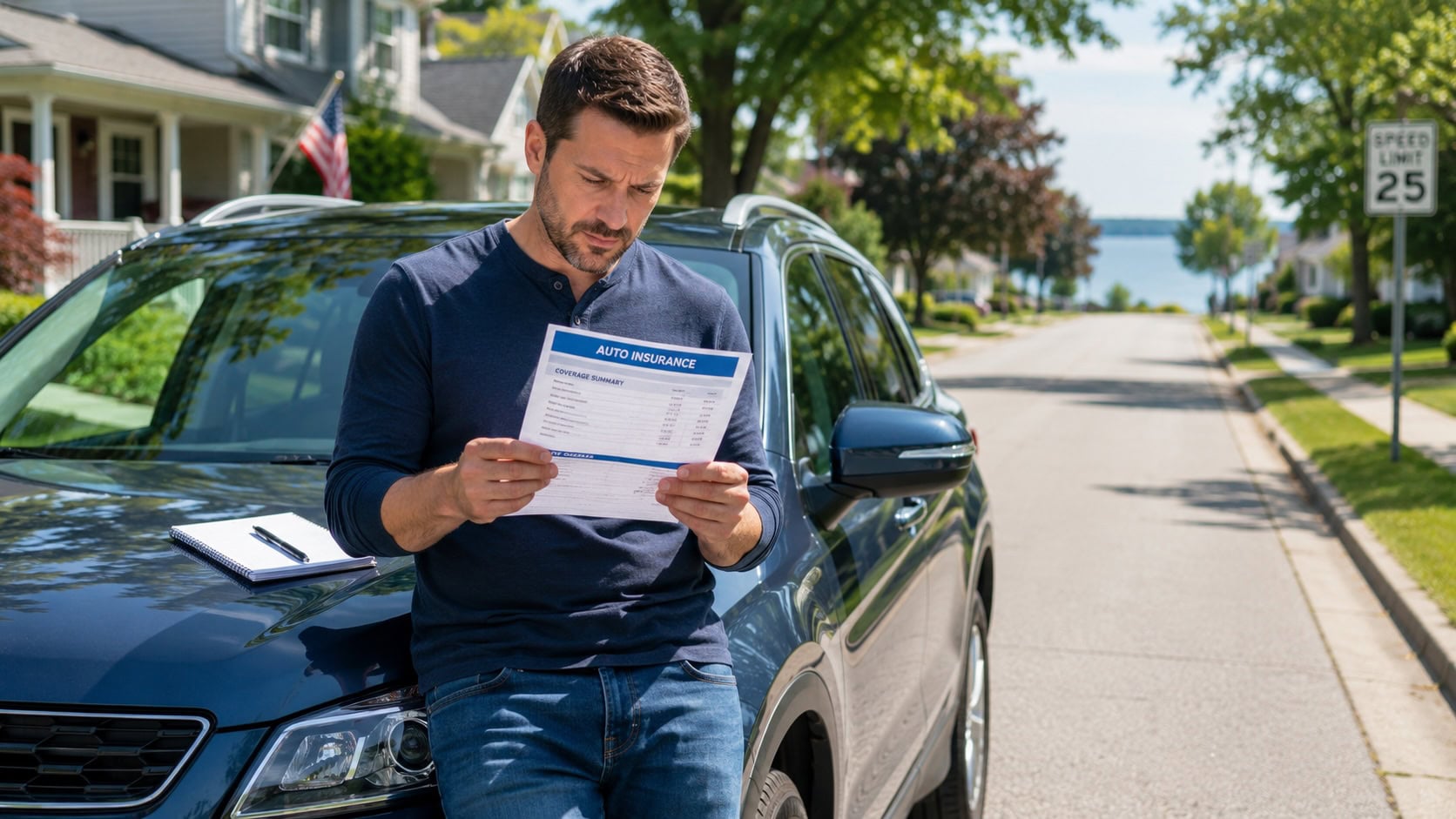 Michigan driver reviewing auto insurance coverage details beside SUV in suburban neighborhood
