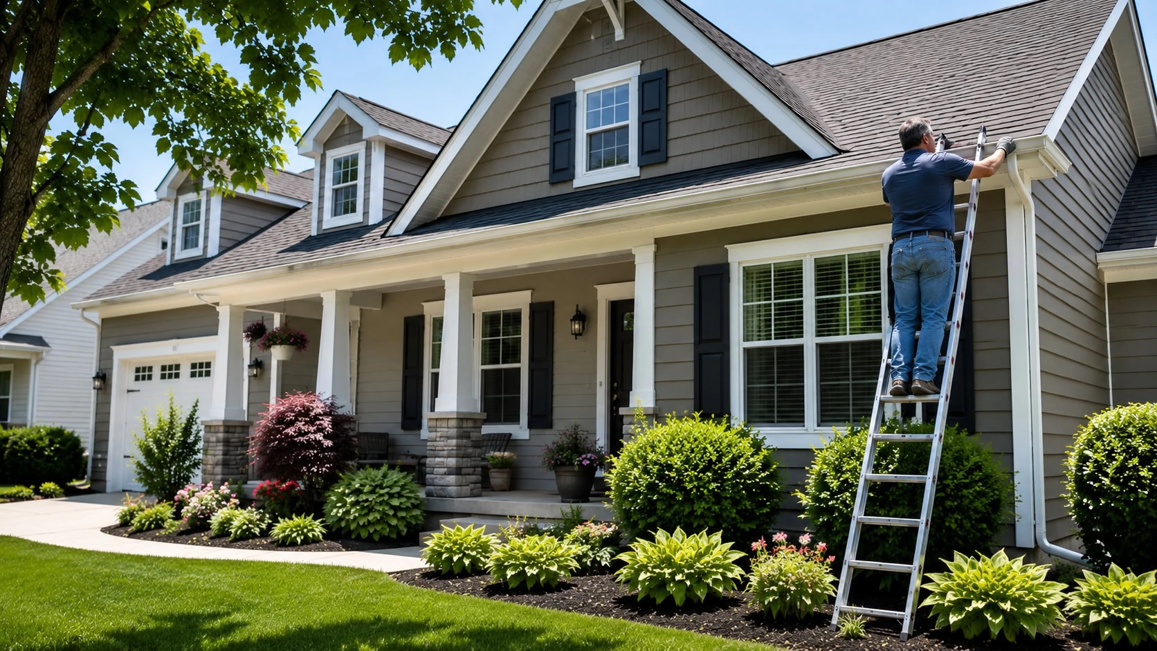 Michigan homeowner inspecting gutters and exterior of a well-maintained home during seasonal maintenance