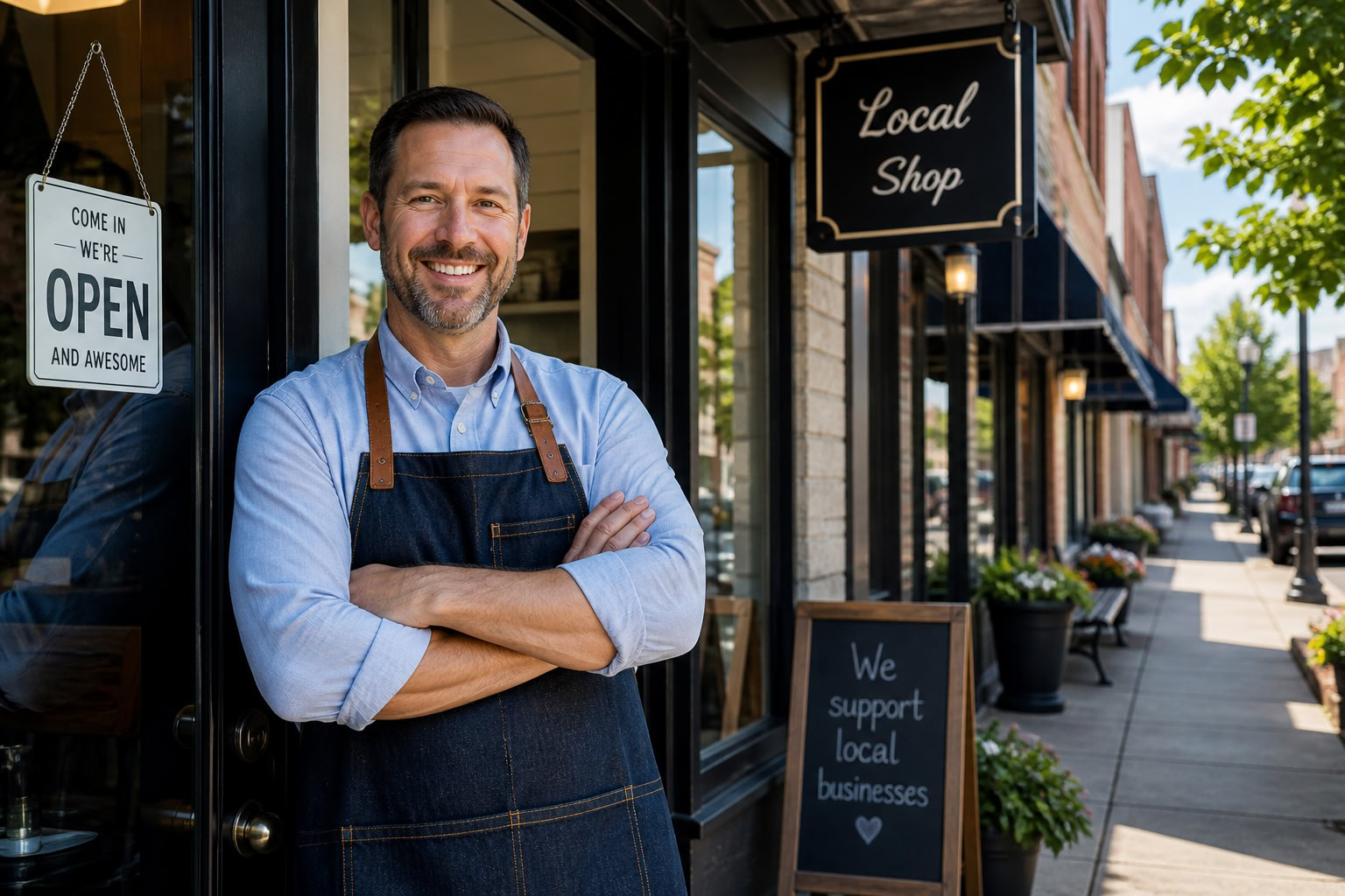 Michigan small business owner standing outside storefront business location