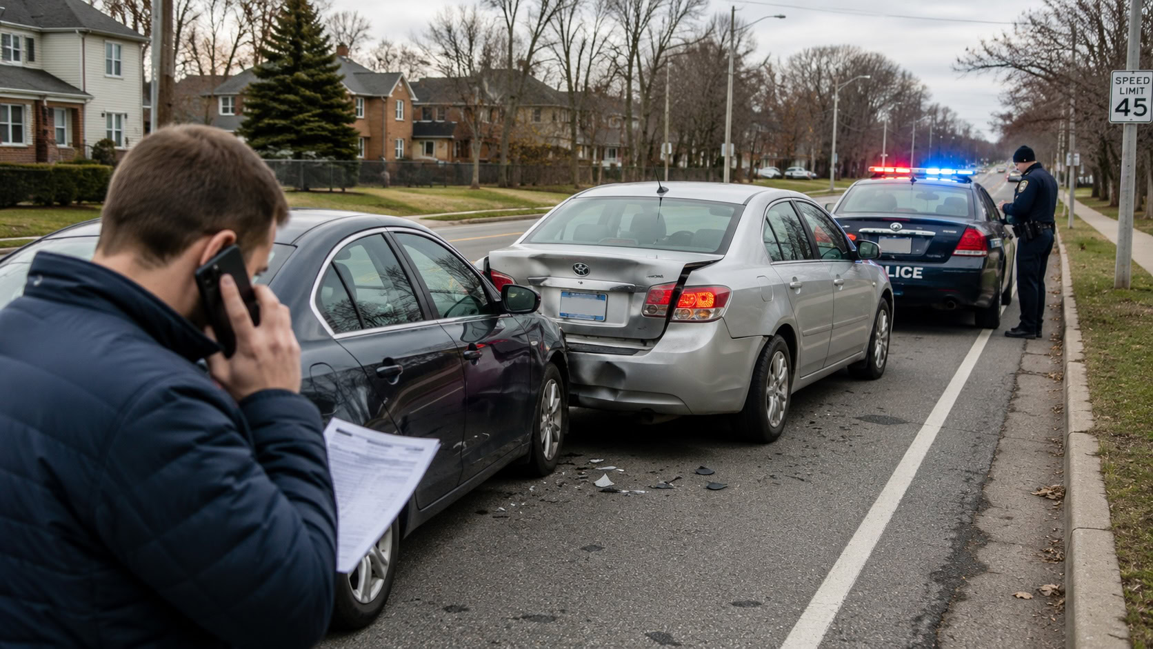 Michigan drivers involved in a roadside accident with police present after a crash involving an uninsured driver