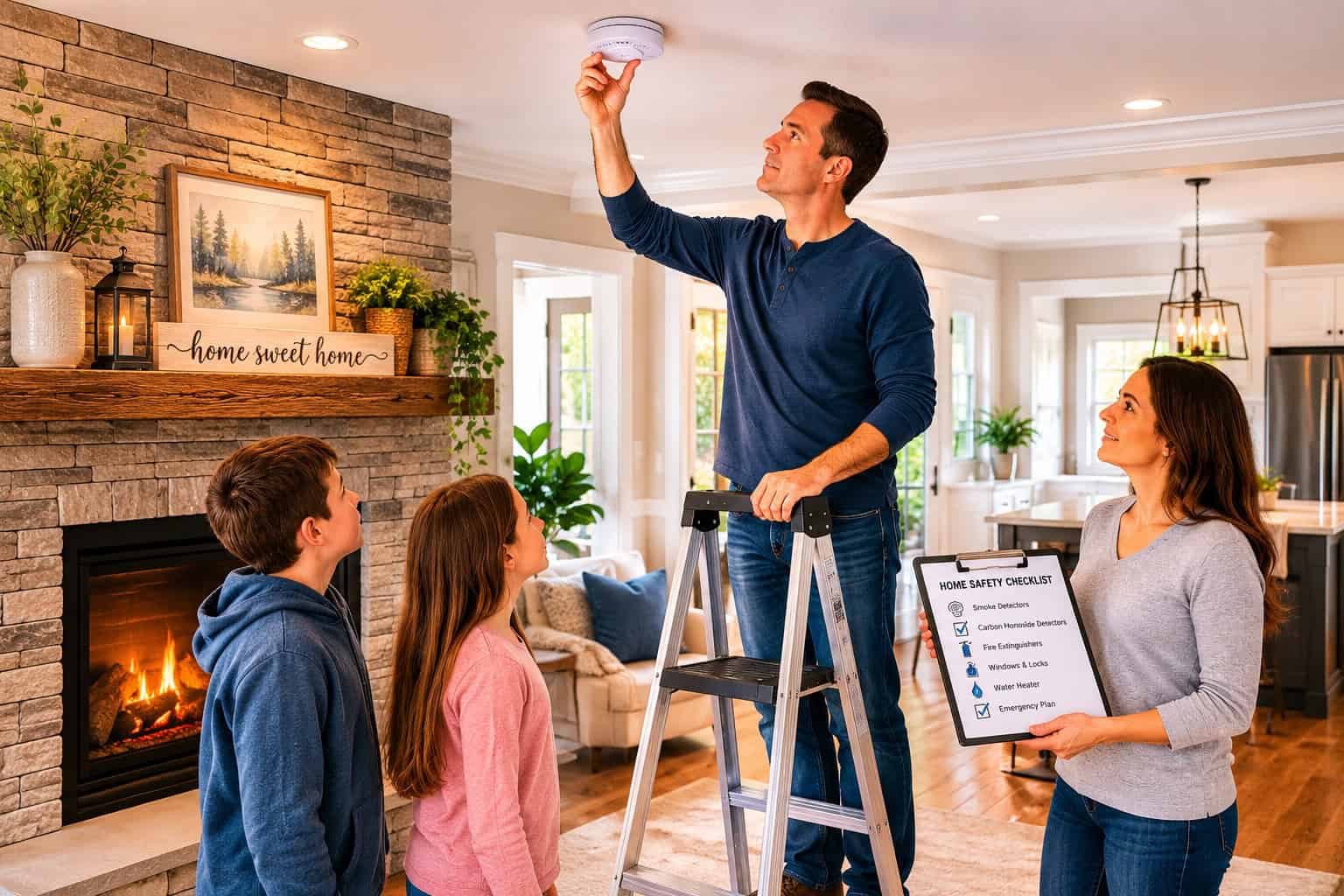Michigan family checking a smoke detector as part of a home safety inspection