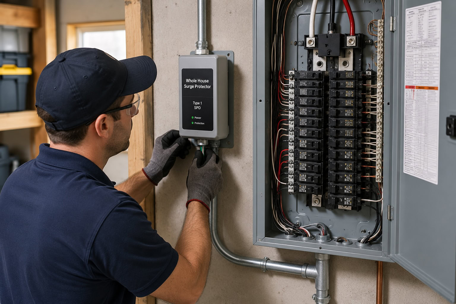 Licensed electrician installing a whole-house surge protector next to a residential electrical panel in a Michigan home