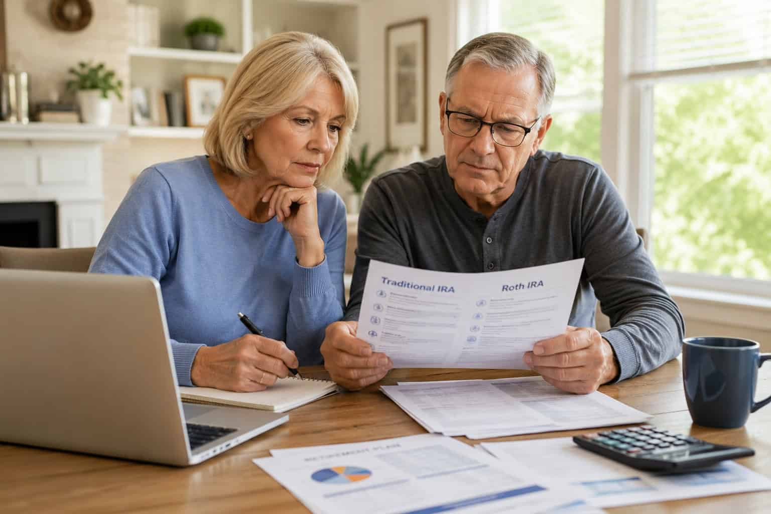 Older couple reviewing retirement savings documents while comparing Traditional IRA and Roth IRA options at home