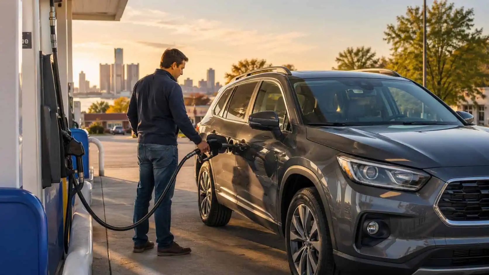 Michigan driver fueling a late-model SUV at a gas station, illustrating factors that contribute to higher auto insurance costs